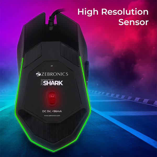 ZEBRONICS Shark Premimum Gaming USB Mouse with High Resolution Sensor, 1.8M Braided Cable, RGB Led Lights, 1000/2200/4200/6400 Dpi, 6 Buttons, Dpi Switch, Button