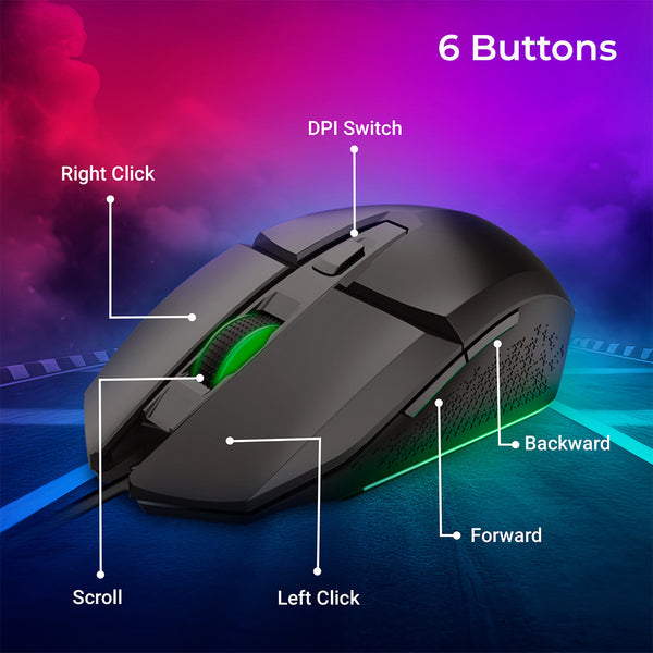 ZEBRONICS Shark Premimum Gaming USB Mouse with High Resolution Sensor, 1.8M Braided Cable, RGB Led Lights, 1000/2200/4200/6400 Dpi, 6 Buttons, Dpi Switch, Button