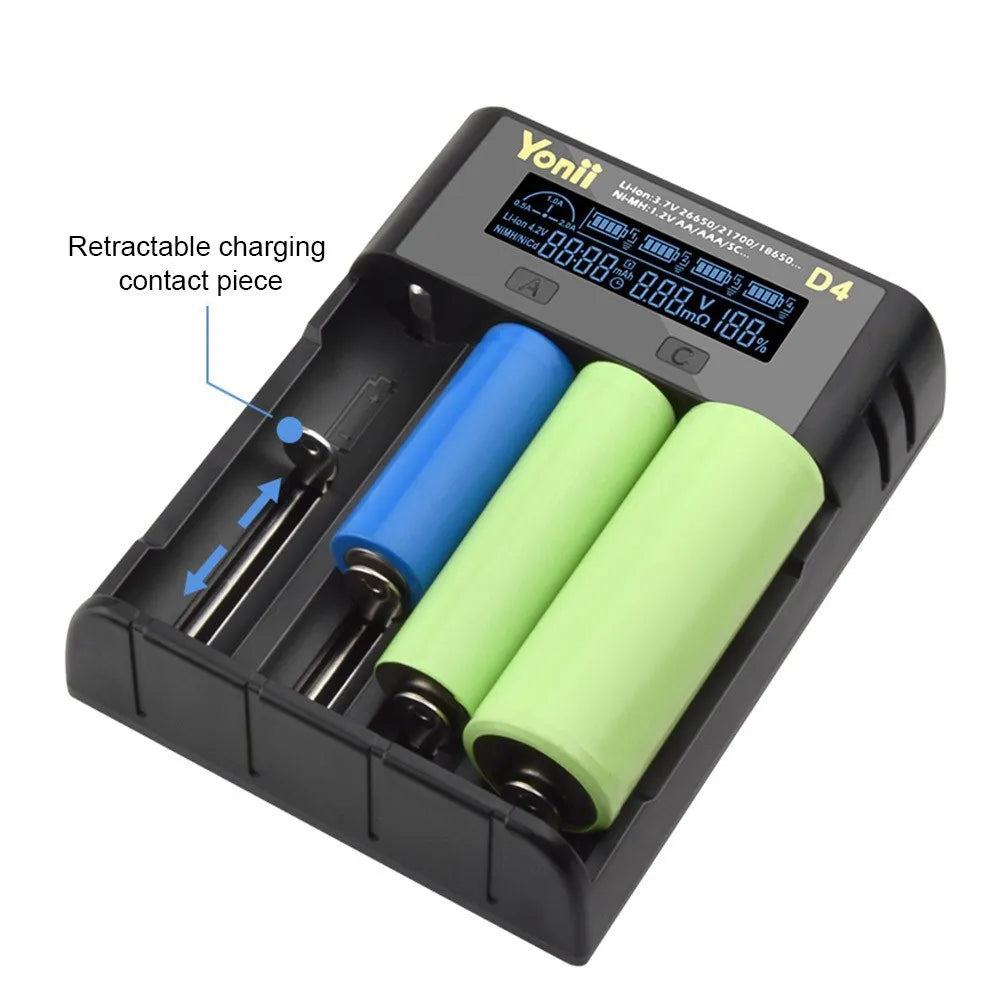 YONII D4 LCD 18650 Battery Charger 4 Slot for 18650 21700 26650 Lithium AA AAA Nimh Battery - black