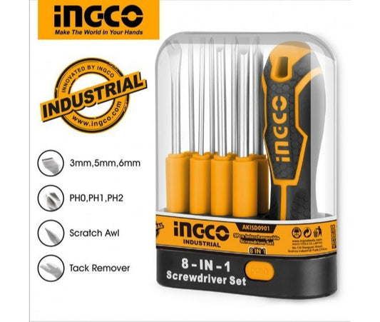 INGCO AKISD0901 9 Pcs 8 in 1 Interchangeable Screwdriver Set