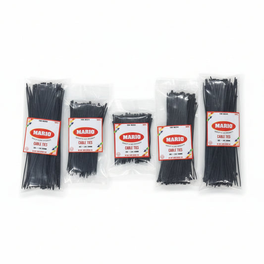 Five packages of Mario brand cable ties on a white background