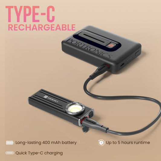 Portronics POR 3357 Eco Glow Bolt Rechargeable Magnetic LED Torch, 650 Lumens, 3 Modes, Type-C Charging, Pocket Clip, Aluminium Body, 35m Beam Range, Ideal for Camping, Repairs, Car, Emergency & Home Use