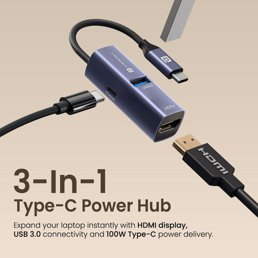 Portronics POR-3402 Mport Swift Mini 3-in-1 USB Hub with Type C Connector (Grey)