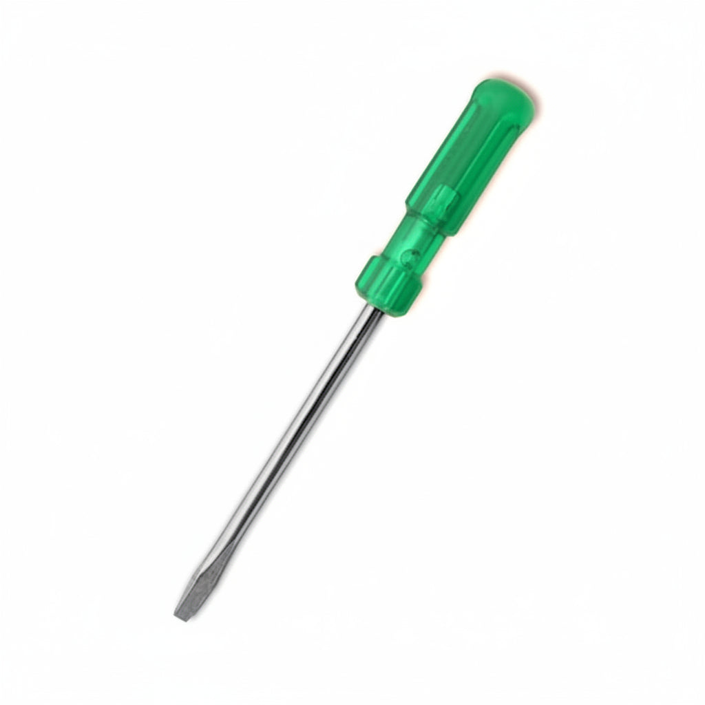 A flat screwdriver with a green handle and a silver-colored blade.