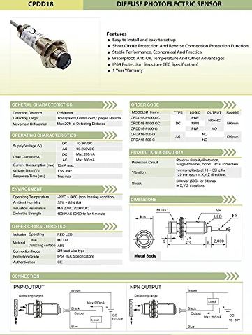 Photoelectric Sensor Deffuise Beam 10 to 30VDC / 200mA (PNP-NO+NC-500mm)