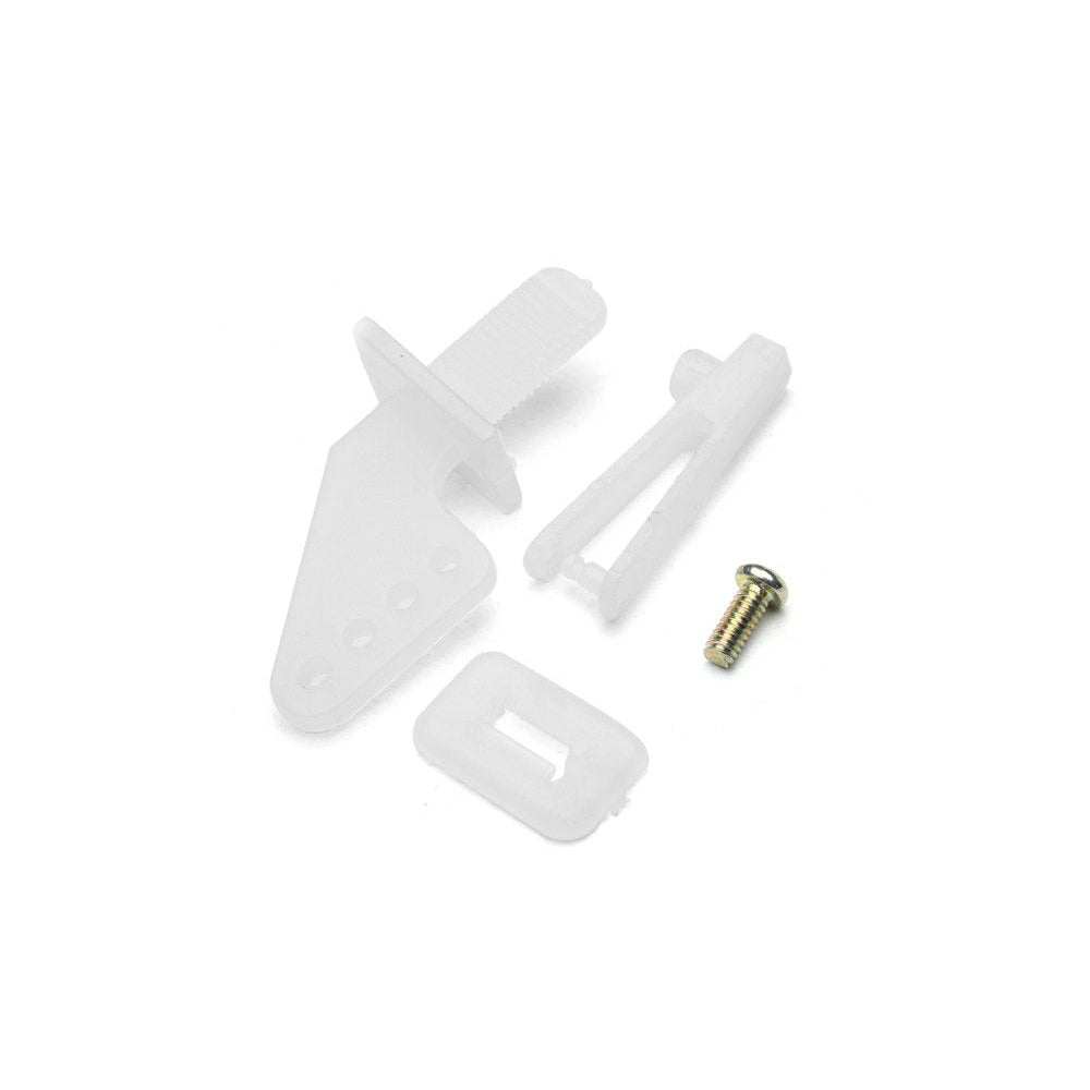 A set of white nylon control horns and a clevis for RC planes, displayed on a plain background.