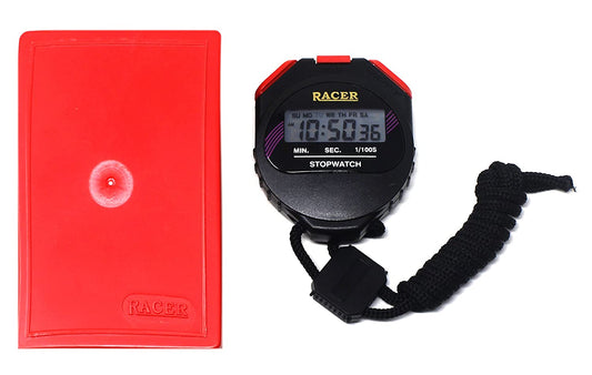 A digital stopwatch with a black casing and a red holder. The stopwatch has a digital display and a black strap.