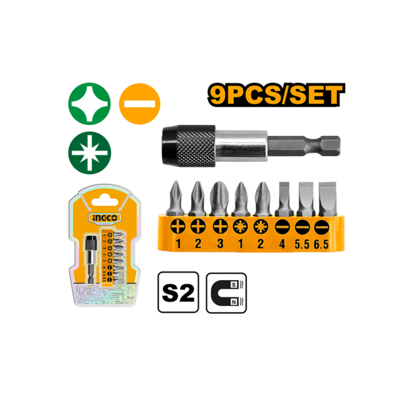 INGCO AKSD0071 9-Piece Magnetic Screwdriver Bits Set