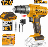 INGCO CDLI1218 12V Lithium-Ion Cordless Drill 20NM Torque (with Battery & Charger)