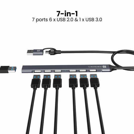 Portronics POR-1792 Mport 7 7 in 2 USB Hub with Type C and USB 3.0 Plug Heaven Multitasking (Grey)
