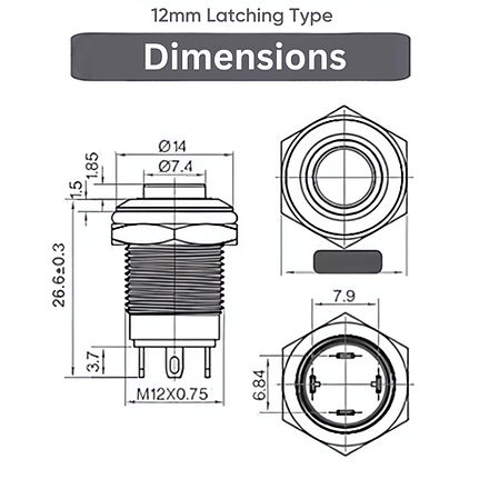 12mm Size BLUE Led Stainless Steel Latching Type Push Button Switch 12v DC