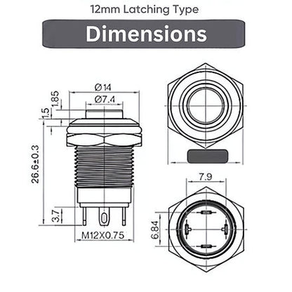 12mm Size BLUE Led Stainless Steel Latching Type Push Button Switch 12v DC