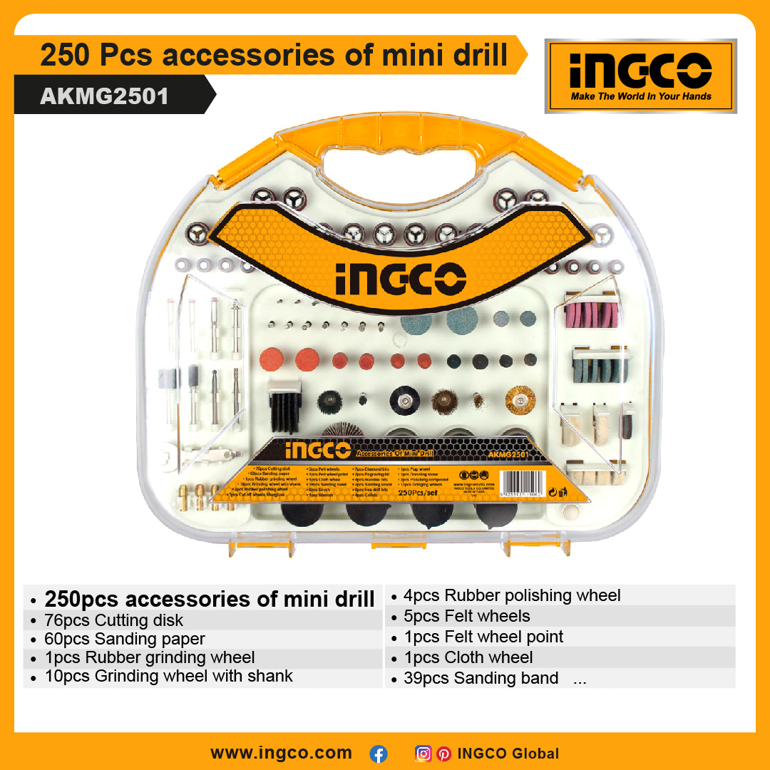 INGCO AKMG2501 250 Pcs HSS Mini Drill Accessories Set