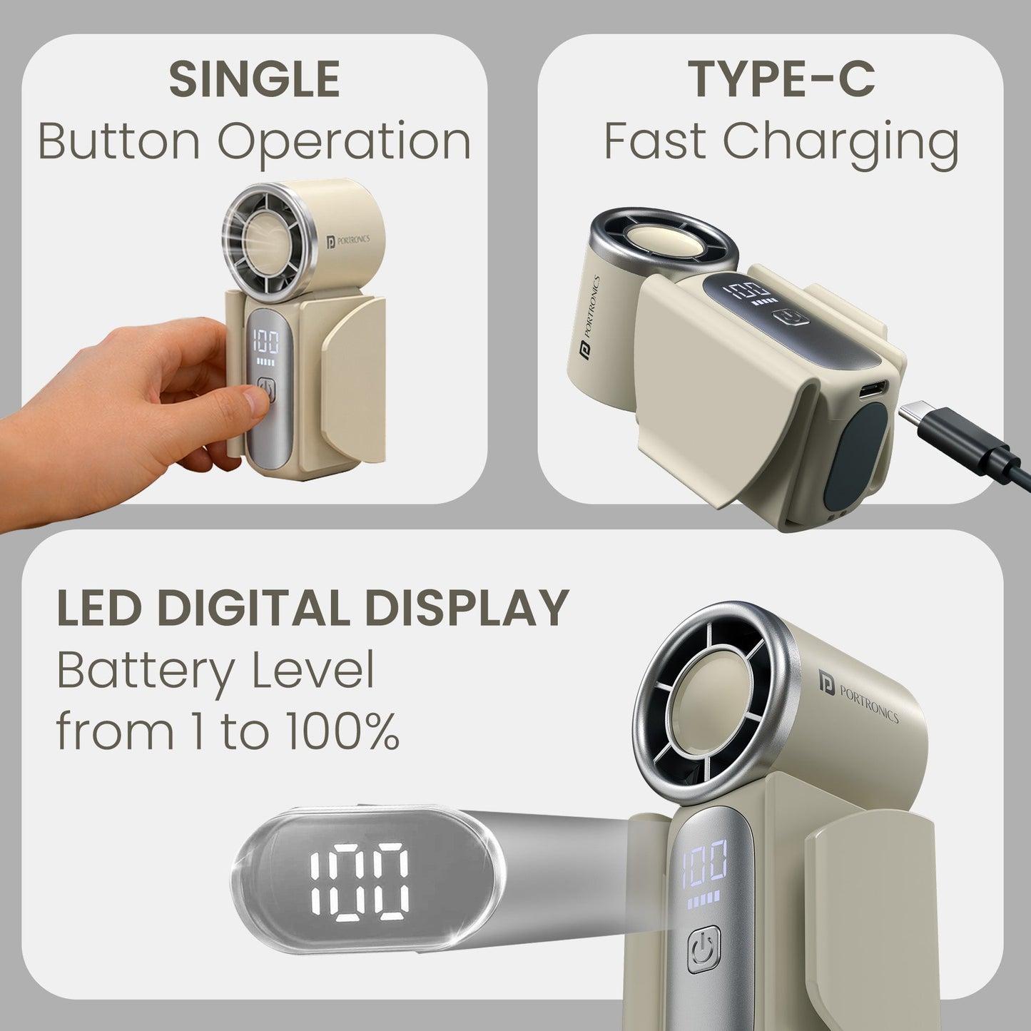 Portronics POR-3524 Toofan Nano Rechargeable Mini High-Speed Handheld Fan (Beige)
