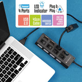 ZEB 150HB 4 Port USB Hub Hub with Dedicated On/Off Switch, Led Indicators, 45Cm Cable Length, Optional Power Input Port, Multi Device and Plug Play Usage (Black)