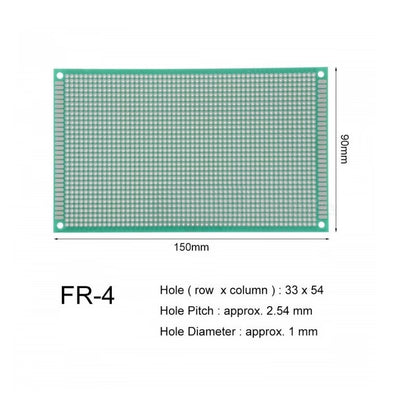 Green perforated breadboard with dimensions and technical specifications on a white background