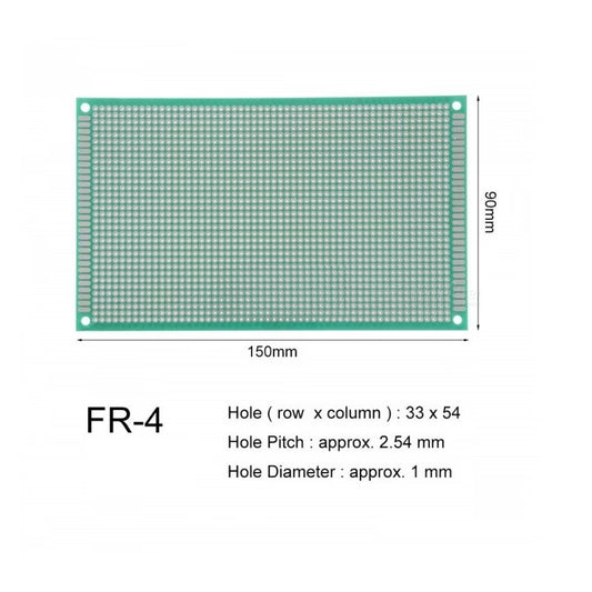 Green perforated breadboard with dimensions and technical specifications on a white background