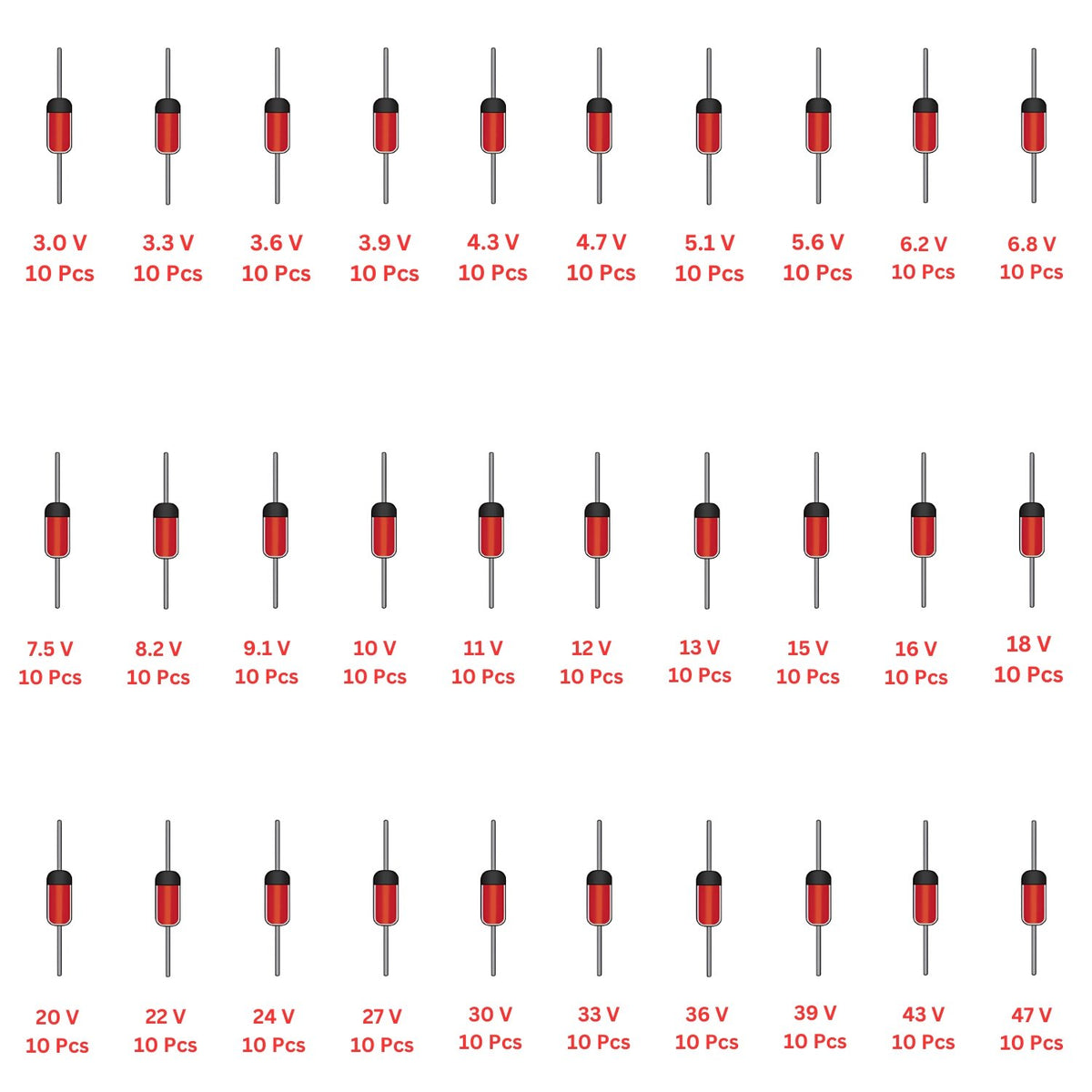 Elepak EP45 1W Zener Diode Pak 3V to 47V 300 Pcs 30 Values