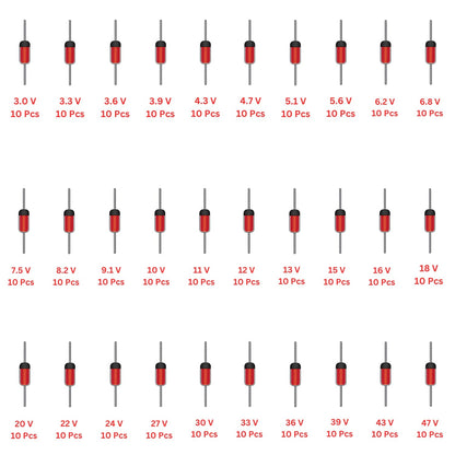 Elepak EP45 1W Zener Diode Pak 3V to 47V 300 Pcs 30 Values