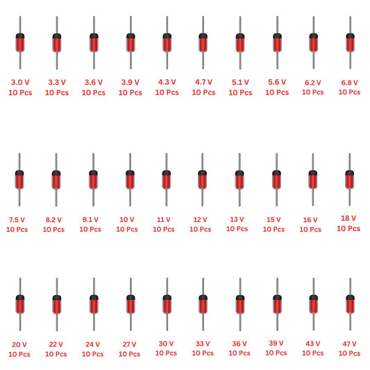 Elepak EP45 1W Zener Diode Pak 3V to 47V 300 Pcs 30 Values