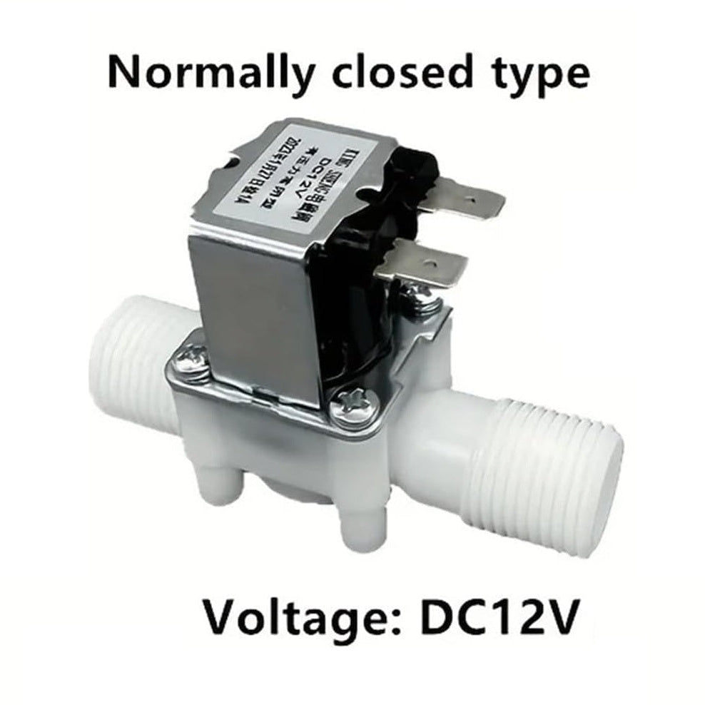 Electromagnetic valve with white body and metallic components on a white background, labeled 'Normally closed type' and 'Voltage: DC12V'.