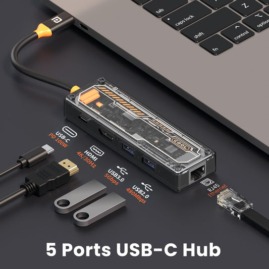 Portronics POR-2872 MPort View One 5 Ports USB-C Hub with Transparent Casing (Black)