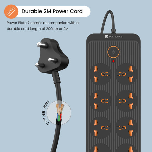 Portronics POR-1473 Power Plate 7 Extension Board with 8 Sockets, 6 USB Charging Ports, 3 Meter Long Cord, 2500 Watts (Black)