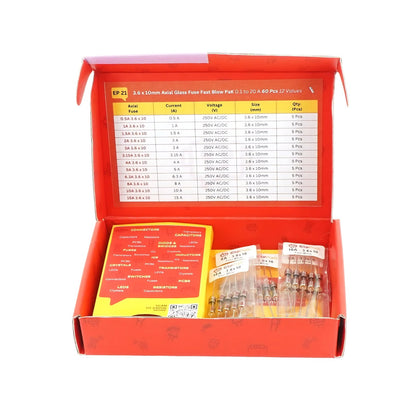 Elepak EP21 3.6x10mm Axial Glass Fuse Fast Blow Pak 0.1A to 20A 60 Pcs 12 Values