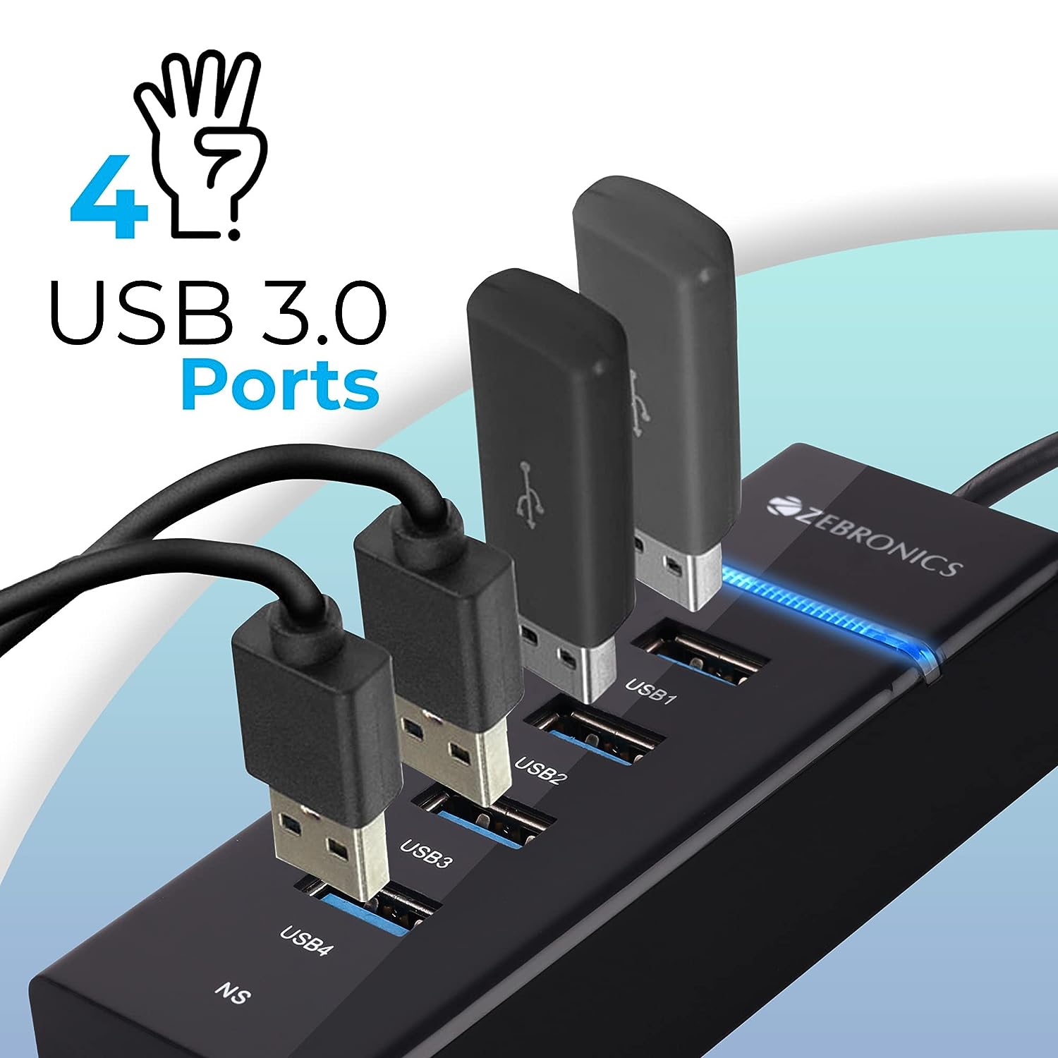 Zebronics 300HB 4 Port USB 3.0 Hub with Hi-Speed Data Transfer, LED Indication, 15cm Cable, Backward Compatible, Multi Device Connection, Plug Play Usage, Glossy Finish and Lightweight Design