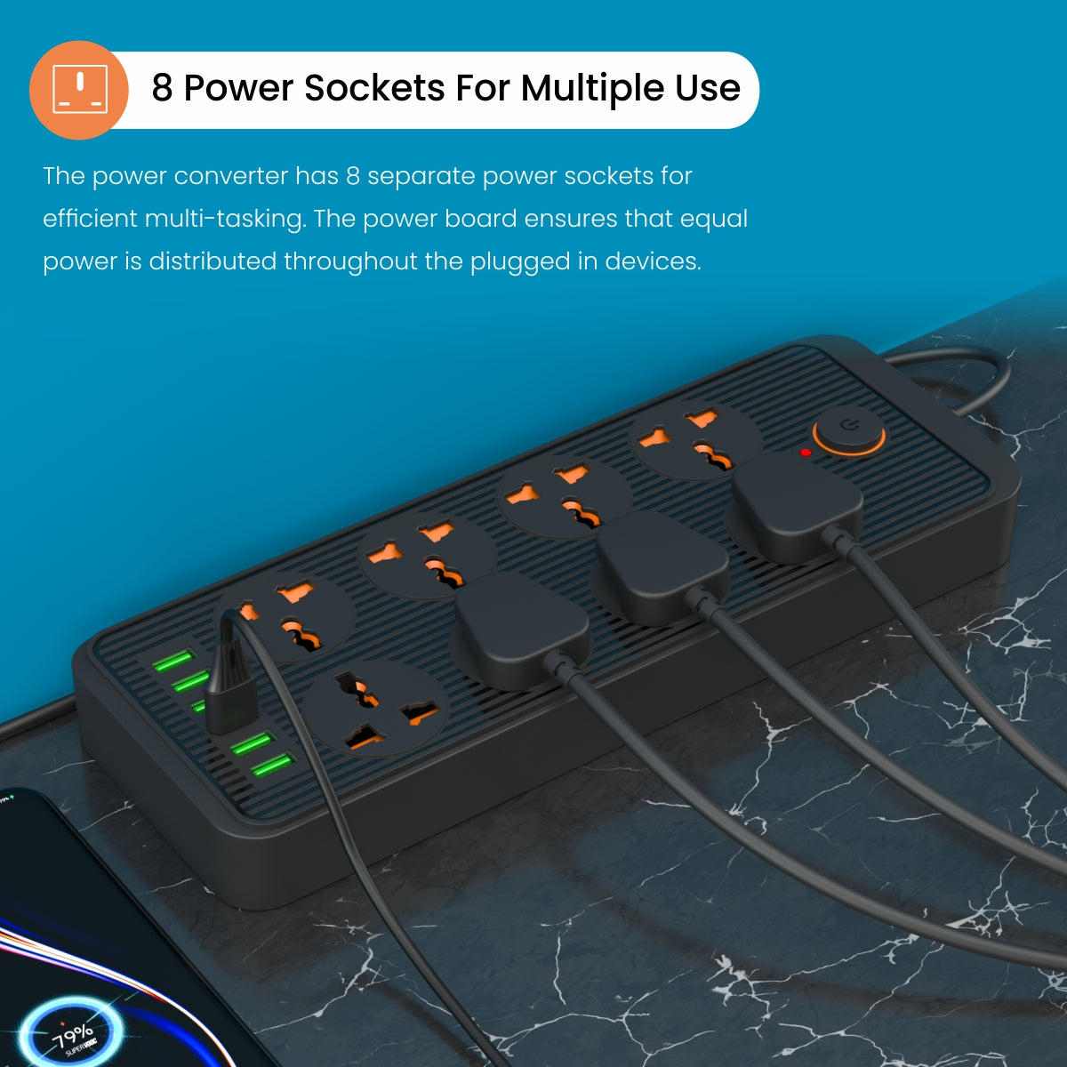 Portronics POR-1473 Power Plate 7 Extension Board with 8 Sockets, 6 USB Charging Ports, 3 Meter Long Cord, 2500 Watts (Black)