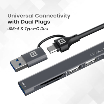 Portronics POR-2053 Mport 31 Plus USB 3.0 Hub (5-in-1) with Card Reader (Grey)