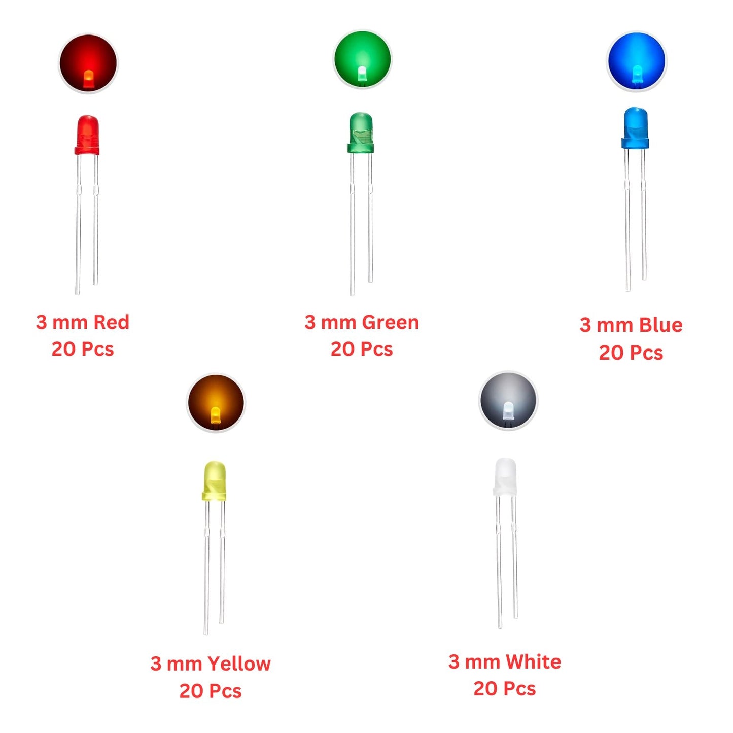 Elepak 3mm Diffused LED Pak 100 Pcs 5 Colors