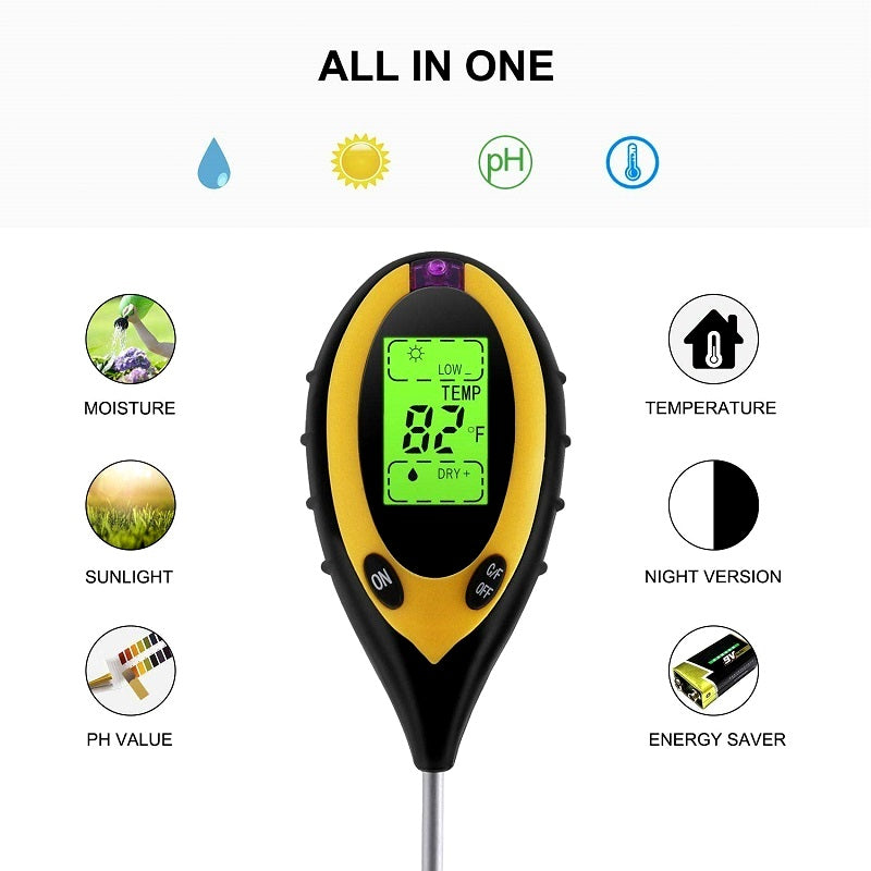 4 in 1 Soil PH Meter Soil Tester PH Moisture Meter Temperature Sunlight Measurement Analysis Acidity Alkali (Without Battery）