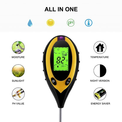 4 in 1 Soil PH Meter Soil Tester PH Moisture Meter Temperature Sunlight Measurement Analysis Acidity Alkali (Without Battery）