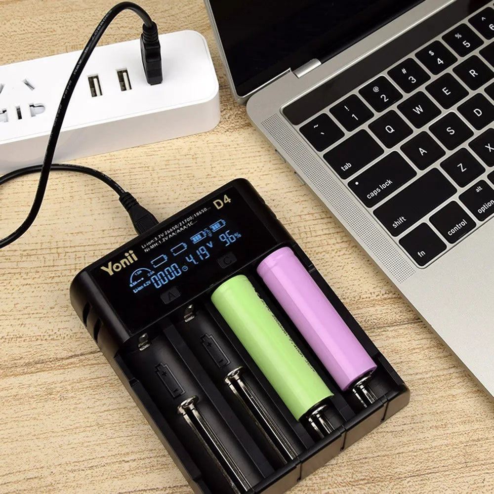 YONII D4 LCD 18650 Battery Charger 4 Slot for 18650 21700 26650 Lithium AA AAA Nimh Battery - black