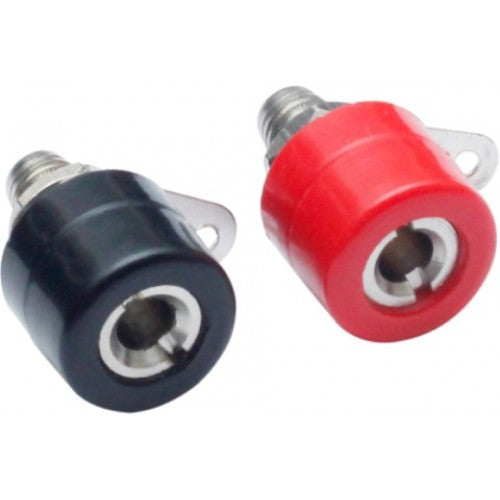 Two 4mm banana socket jacks, one red and one black, with a metallic connector and a hard plastic shell.