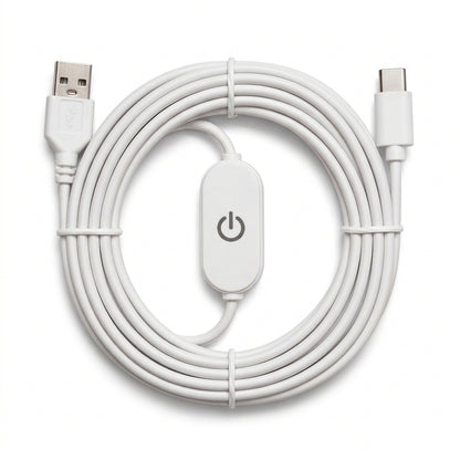 A white USB cable with a built-in power switch, featuring a USB-A connector on one end and a USB-C connector on the other, coiled and secured with a tie-wrap on a white background.