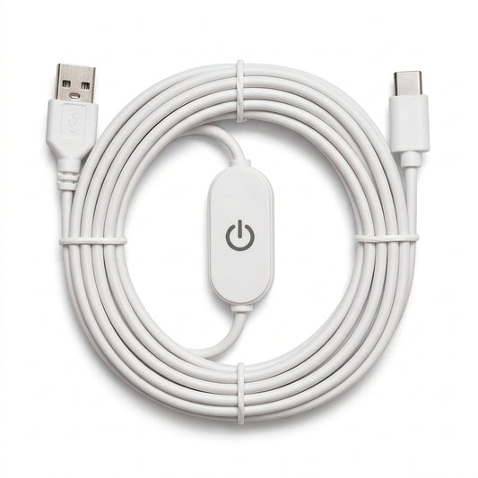 A white USB cable with a built-in power switch, featuring a USB-A connector on one end and a USB-C connector on the other, coiled and secured with a tie-wrap on a white background.