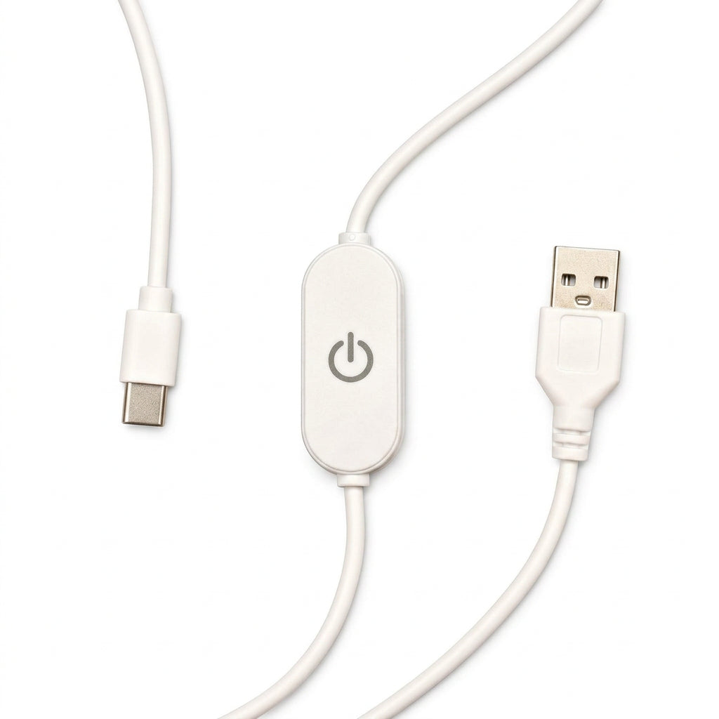 A white USB cable with a central oval control module featuring a power button symbol, shown with a USB-A connector on one end and a USB-C connector on the other, on a white background. 