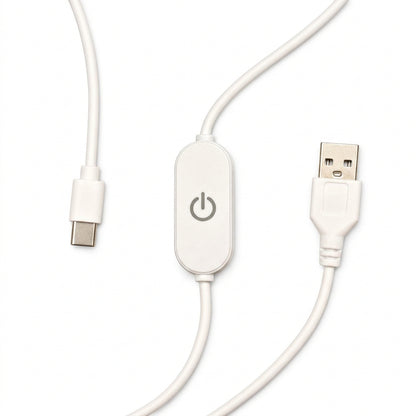 A white USB cable with a central oval control module featuring a power button symbol, shown with a USB-A connector on one end and a USB-C connector on the other, on a white background. 