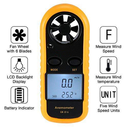 GM816 LCD Digital Wind Speed Temperature Measure Gauge Anemometer