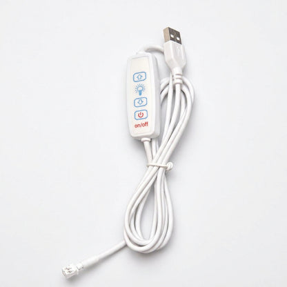 A white USB-controlled light strip remote and power cable, featuring a coiled white cord, a white rectangular remote with blue and red buttons, and a USB connector, shown on a plain white background