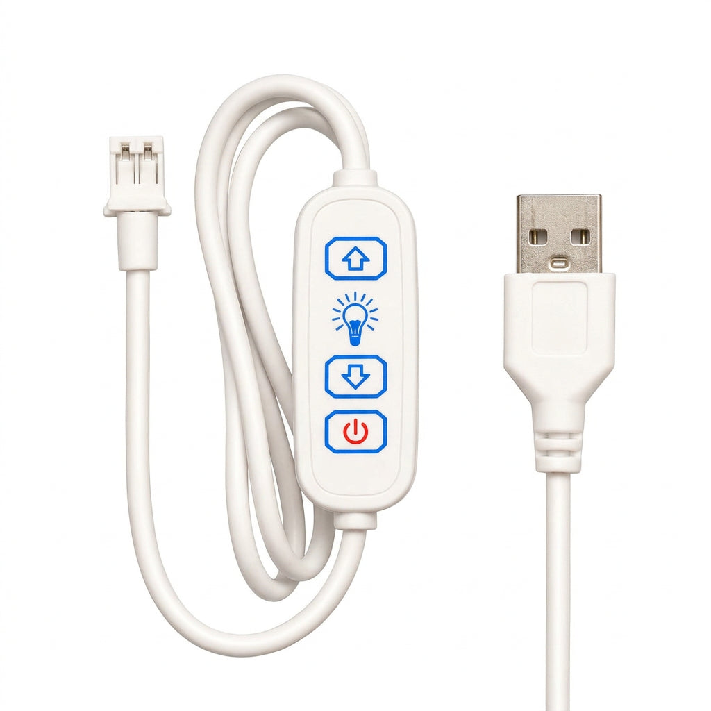 White USB control cable with an inline controller featuring blue and red buttons, shown with a USB connector on a white background. 