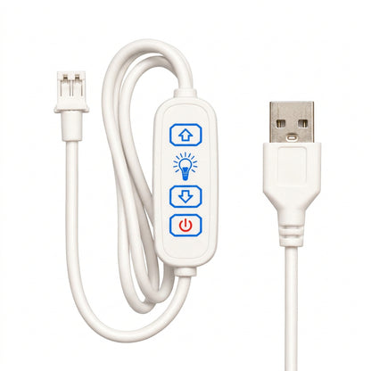 White USB control cable with an inline controller featuring blue and red buttons, shown with a USB connector on a white background. 