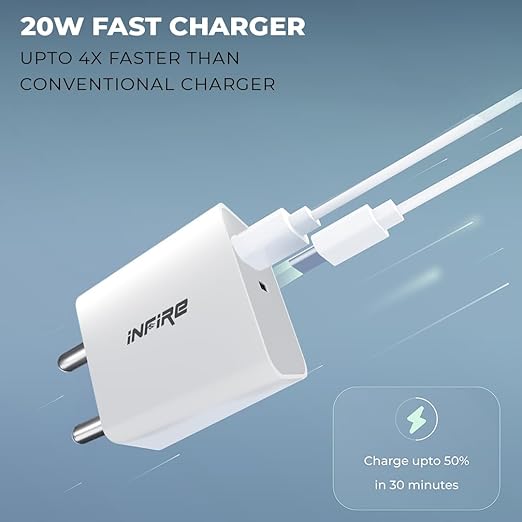 iNFiRe Turbo 2 in 1 Charger 20W Dual Port USB & Type - C Charger Without Cable Compatible with All Android, iPhone & Airpods (White)