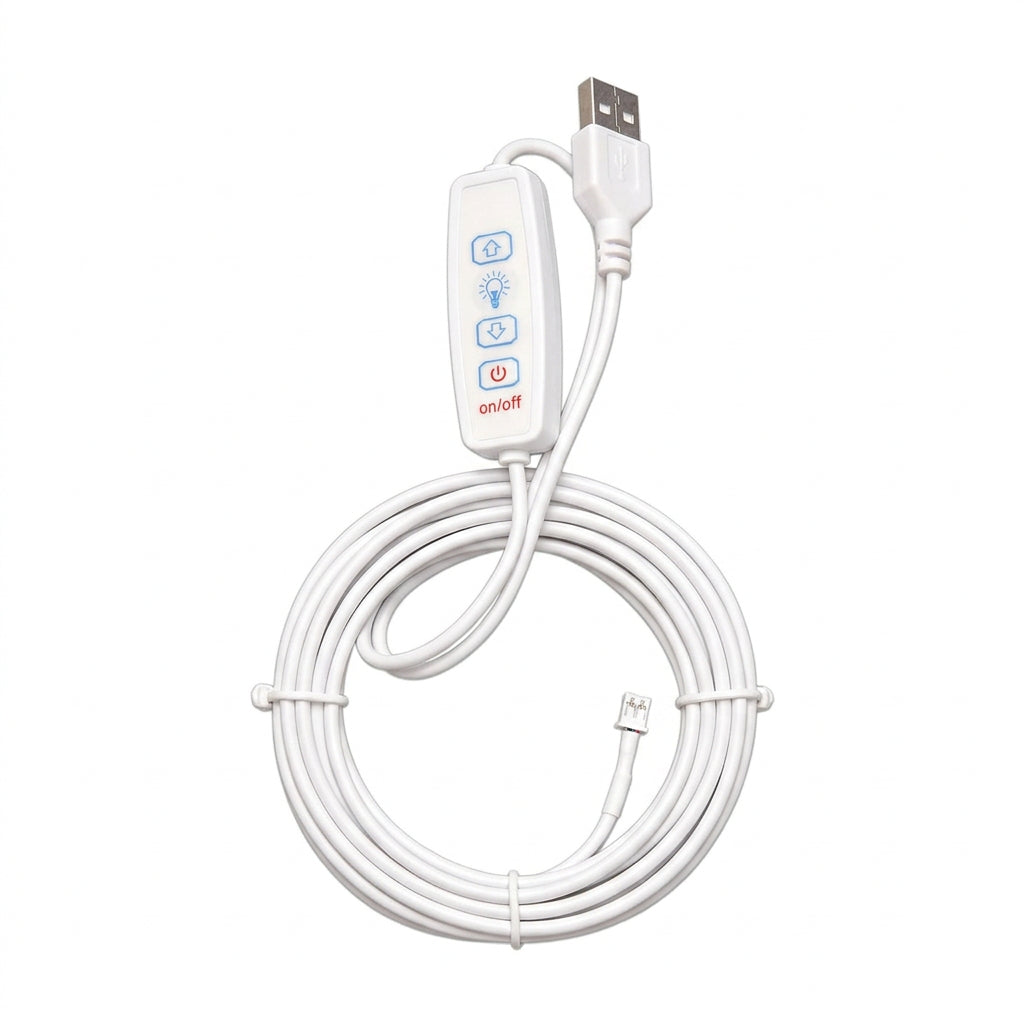 White USB-controlled heating pad with a coiled cord and an inline remote control featuring blue icons and a red OnLife logo, shown on a plain white background.