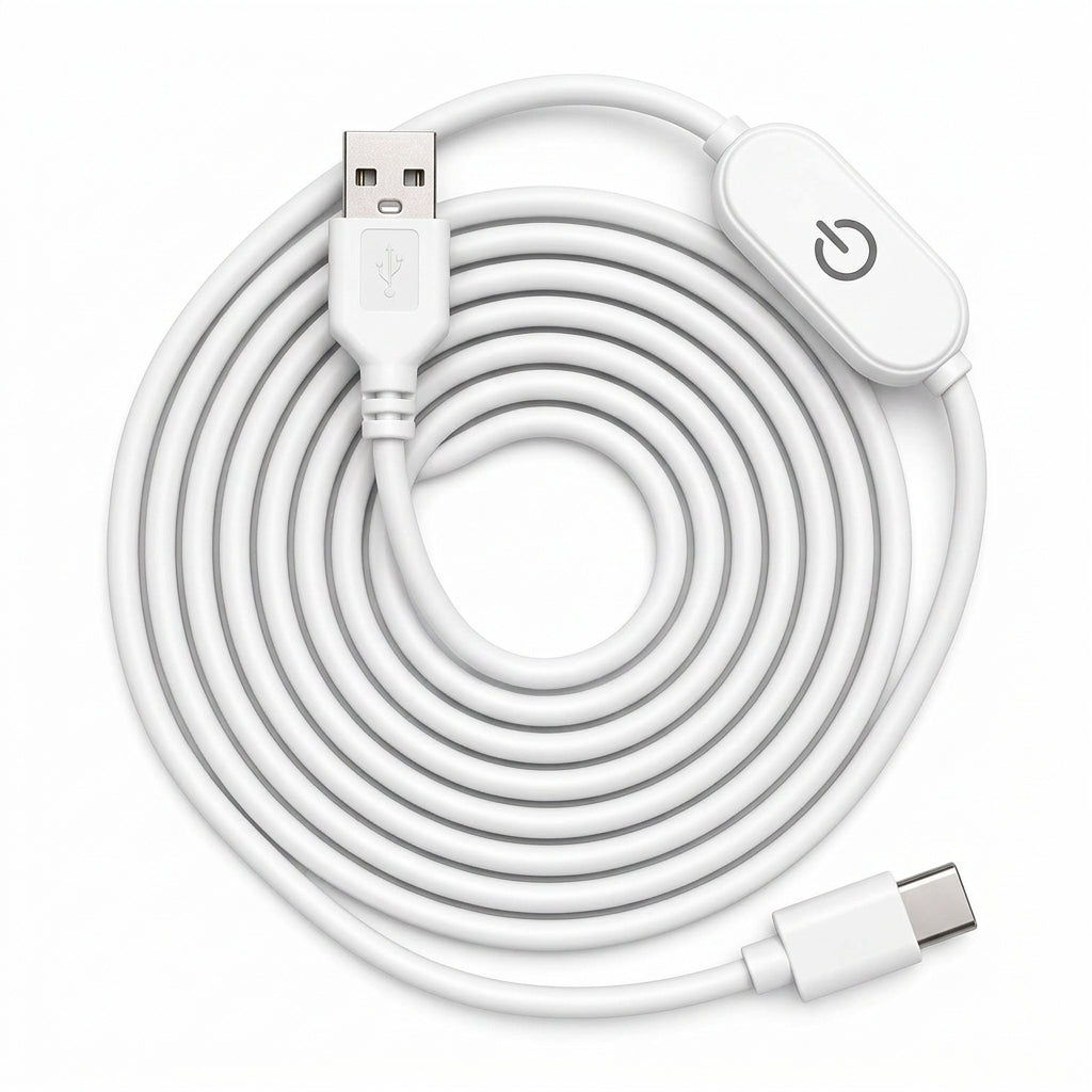 A white USB cable with a USB-A connector on one end and a USB-C connector on the other, featuring a white inline power switch with a power symbol.