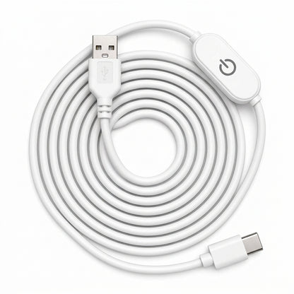 A white USB cable with a USB-A connector on one end and a USB-C connector on the other, featuring a white inline power switch with a power symbol.
