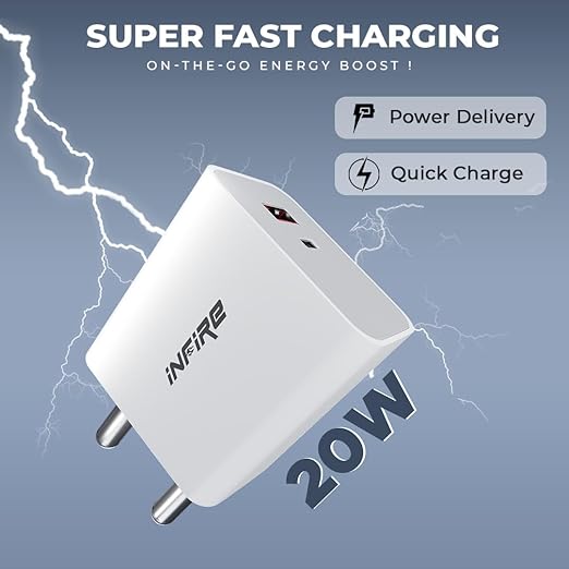 iNFiRe Turbo 2 in 1 Charger 20W Dual Port USB & Type - C Charger Without Cable Compatible with All Android, iPhone & Airpods (White)