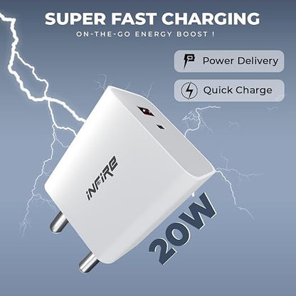 iNFiRe Turbo 2 in 1 Charger 20W Dual Port USB & Type - C Charger Without Cable Compatible with All Android, iPhone & Airpods (White)